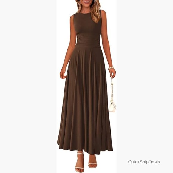 Dresses & Skirts - Sleeveless Crewneck A-Line Maxi Dress Stretch Tank Flowy Long Dress